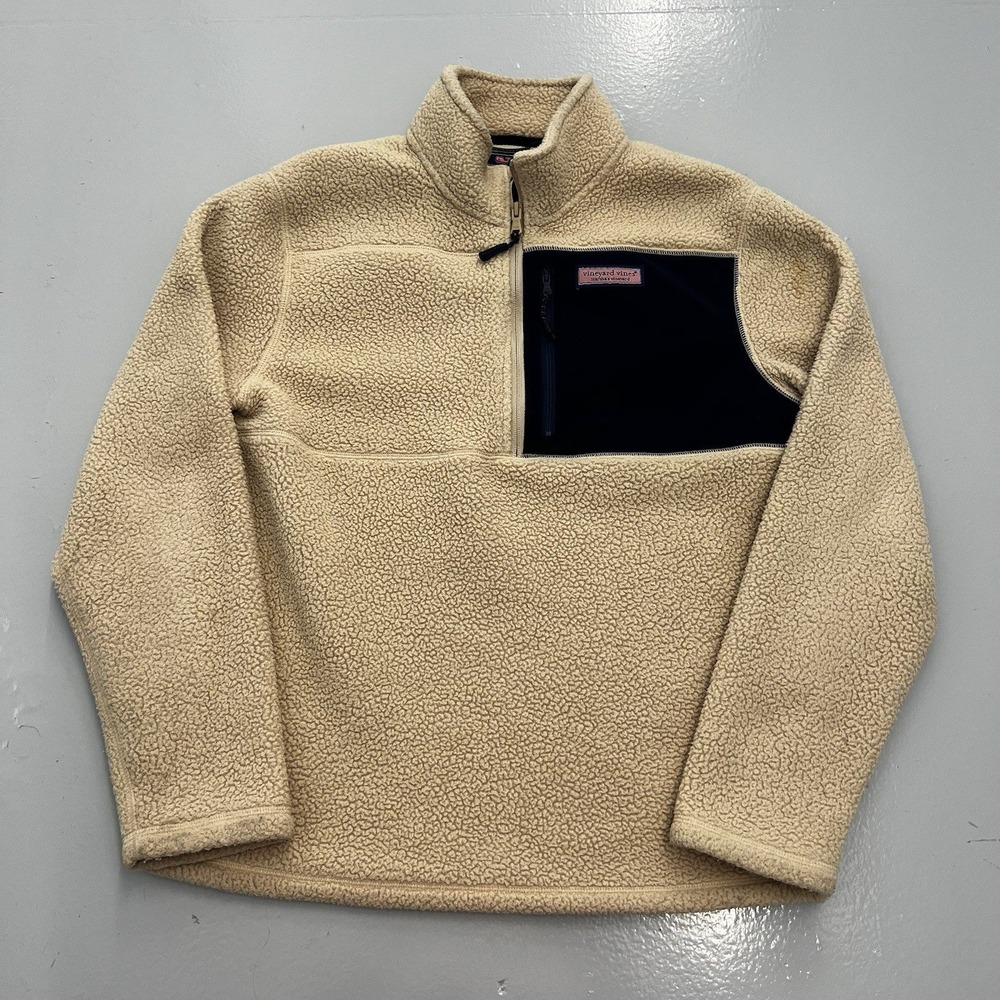Vineyard Vines Mens Medium Tan Navy Sherpa Fleece Quarter Zip Pullover Jacket